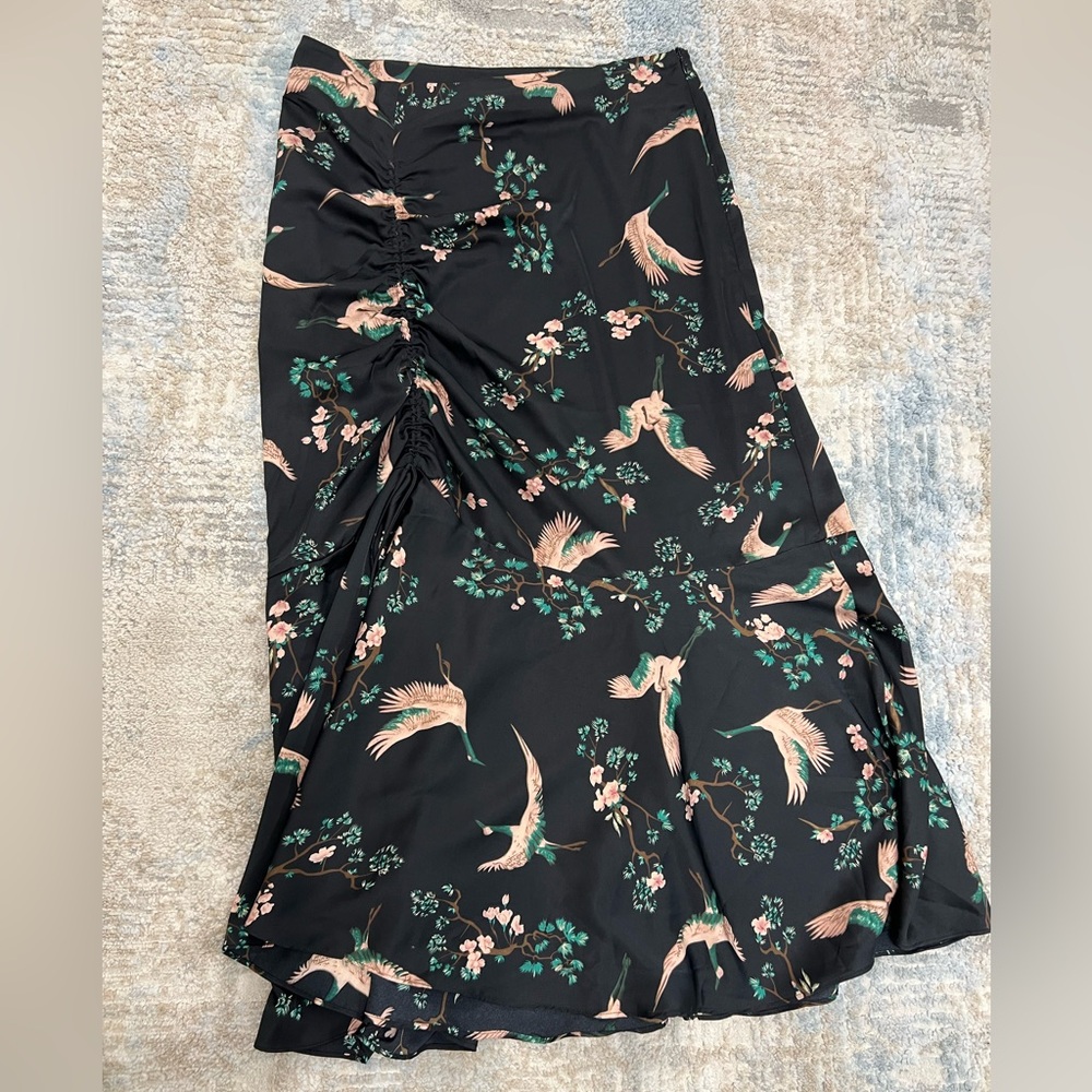 Black Midi Ruched slip Skirt with Bird and Floral Design